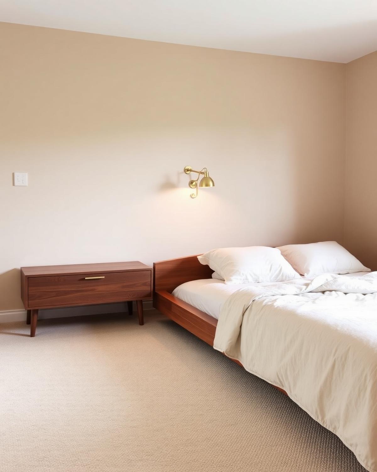 Minimal bedroom with walnut bed and brass sconce