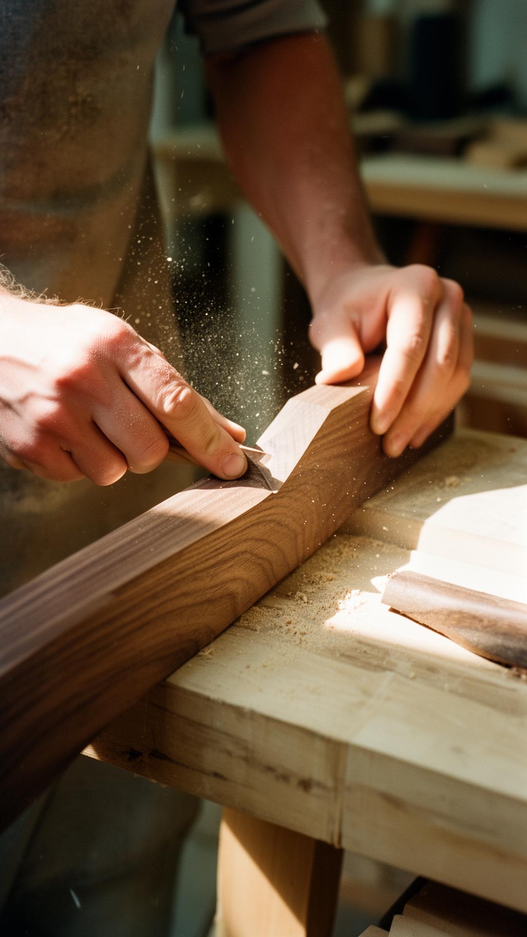 Hands shaping walnut in warm workshop light