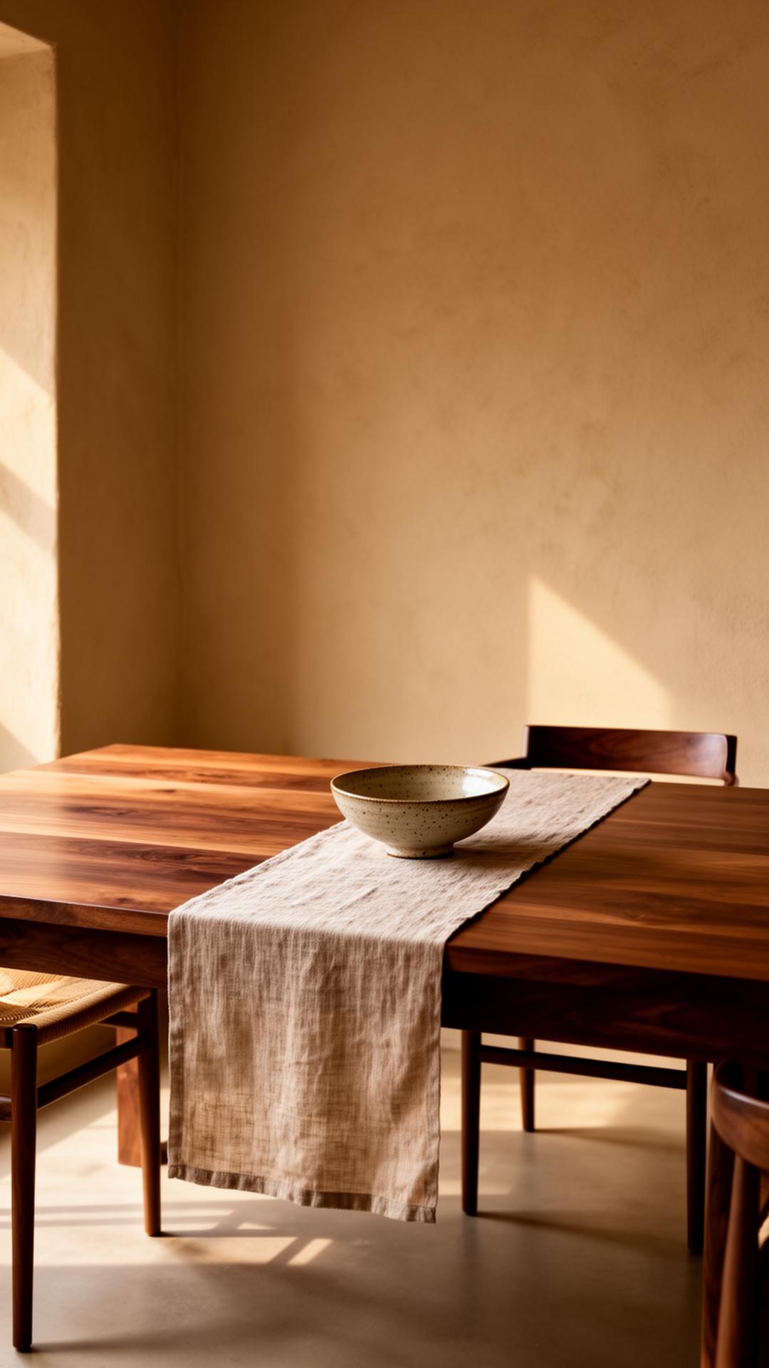 Walnut dining table with linen runner and ceramic bowl