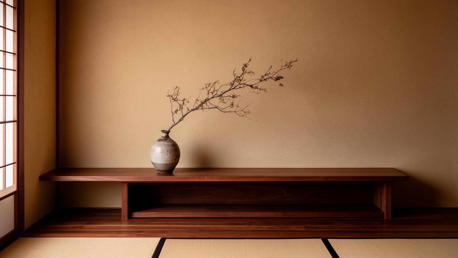 Walnut console with ceramic vase in a warm-lit living room