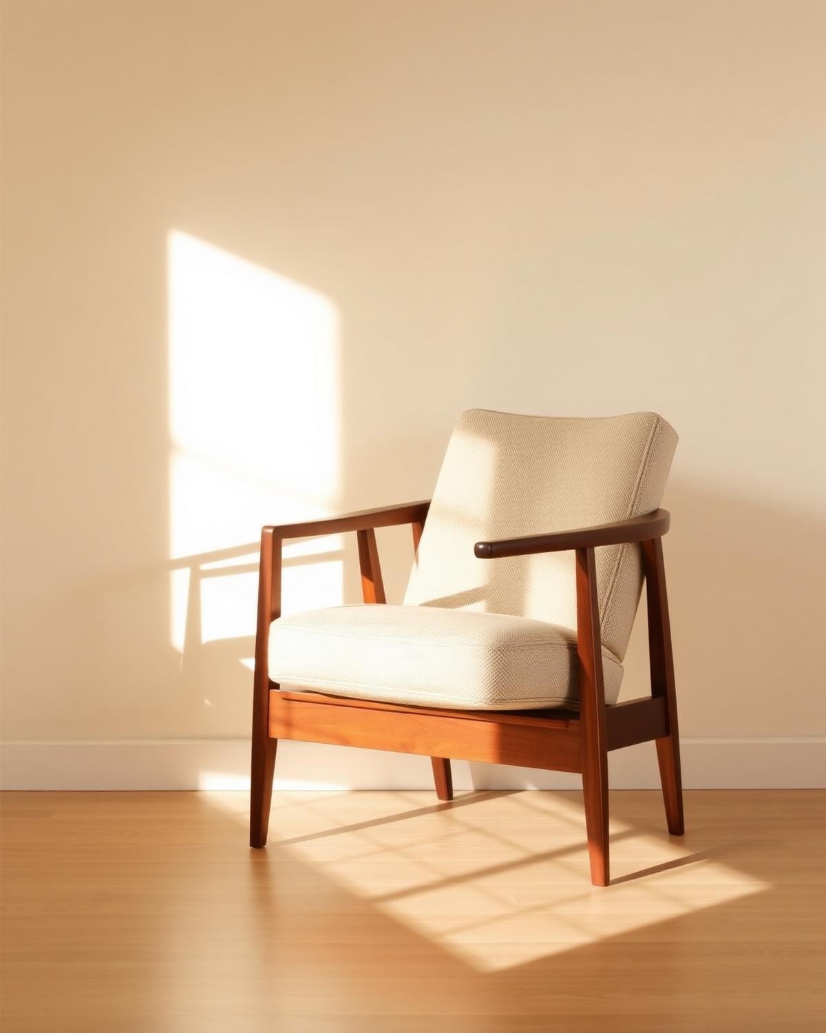 A single linen and walnut armchair in soft light