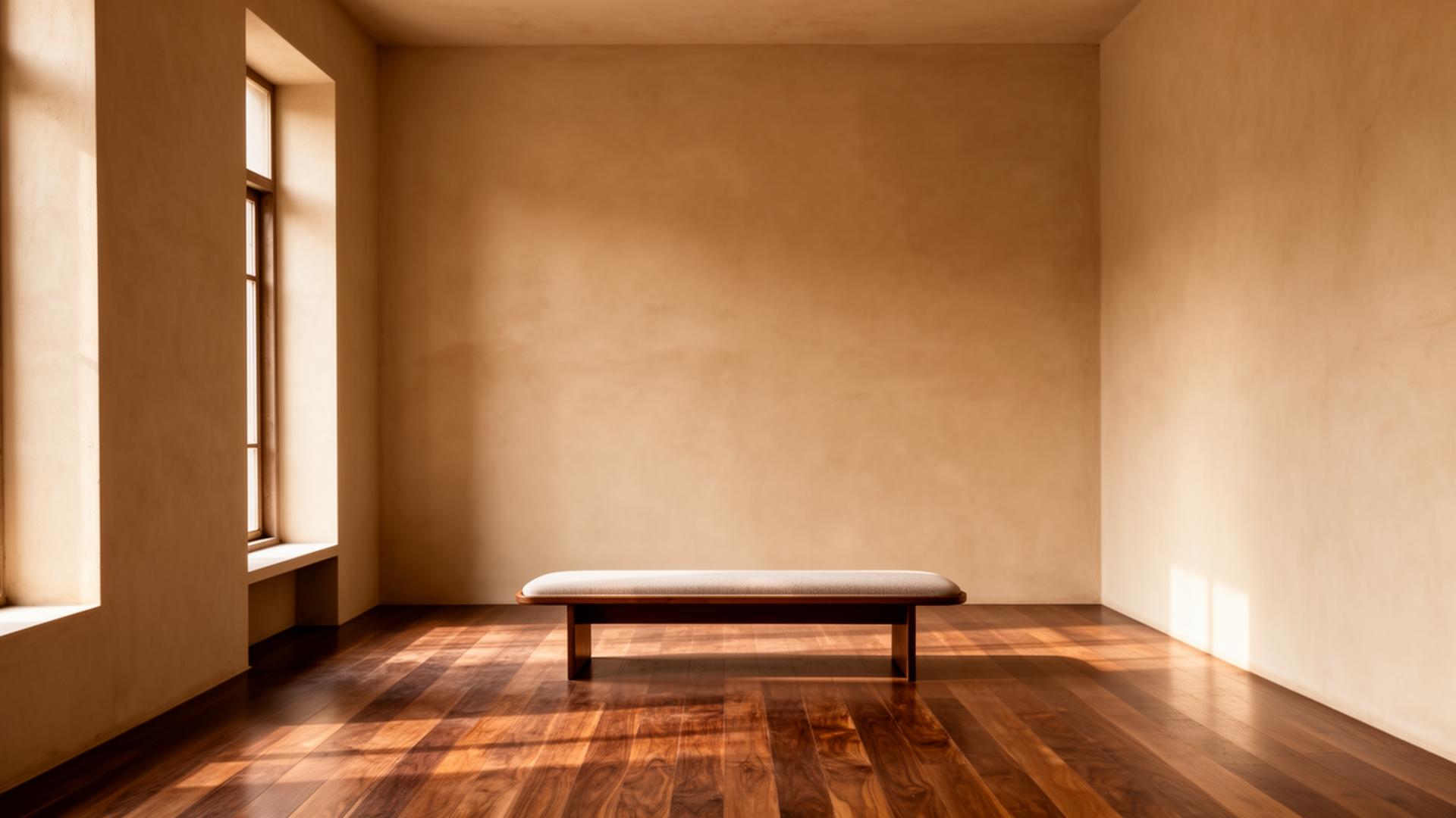 The Miyabi studio: warm plaster walls and a walnut bench in sunlight